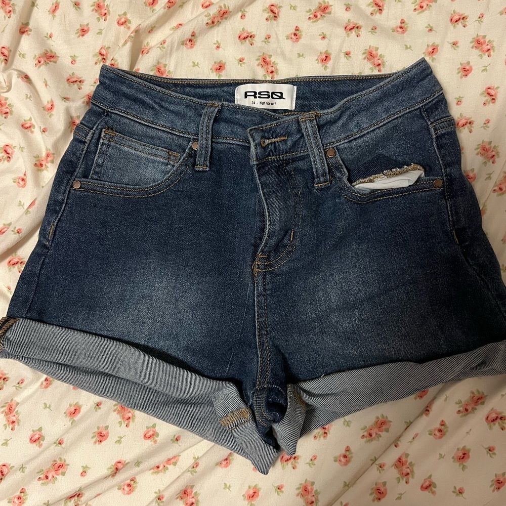 High rise dark wash jean shorts